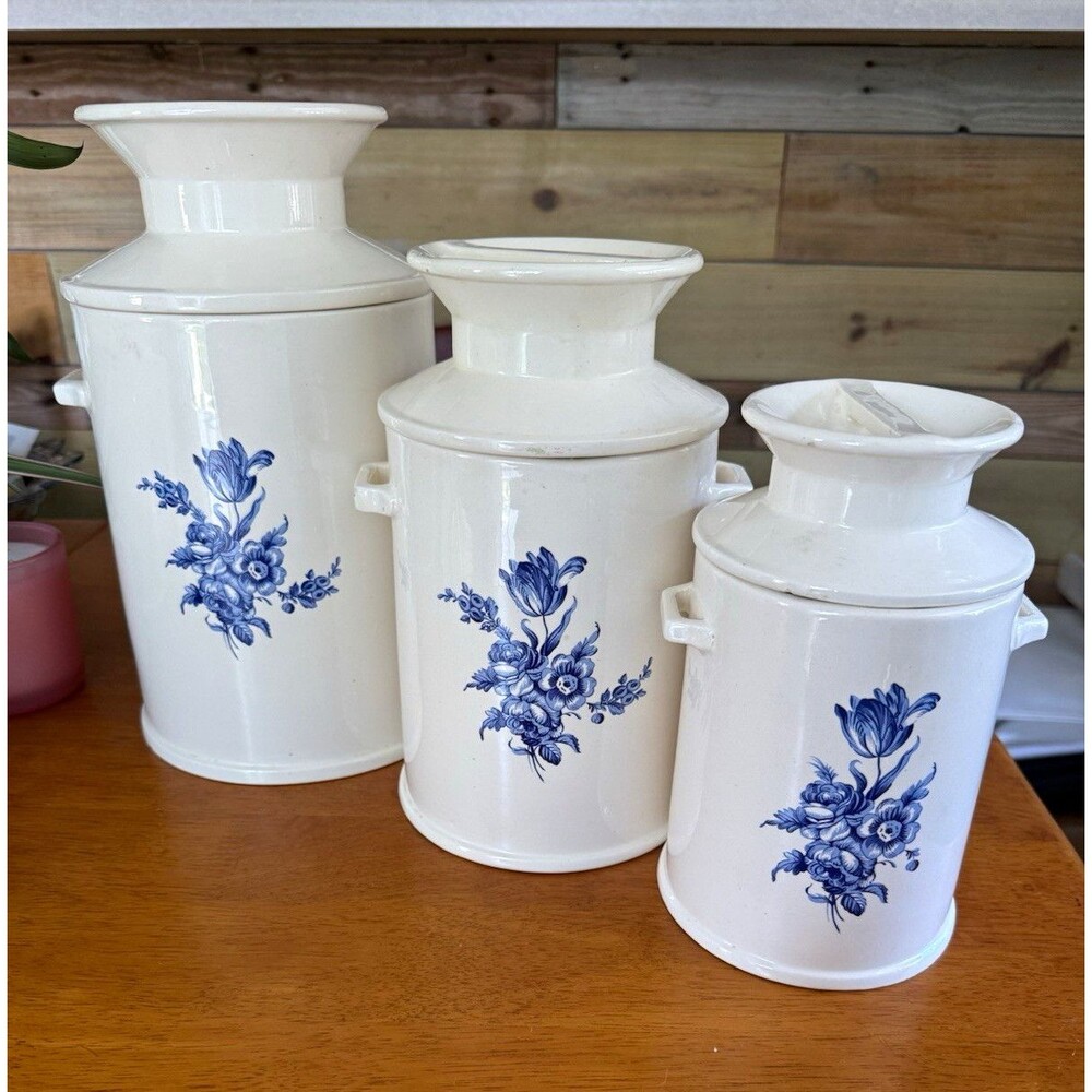 Set of 3 Ceramic Blue Floral on White Pattern Milk Can Style Canister Cookie Jar